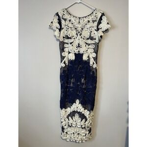 JS Collections Embroidered Ribbon Dress Size 8 Midi Blue Cream Short Sleeve